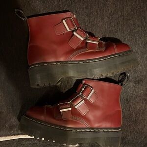 RARE Agyness Deyn Dr. Martens Red Platform Buckle Boots Size 8